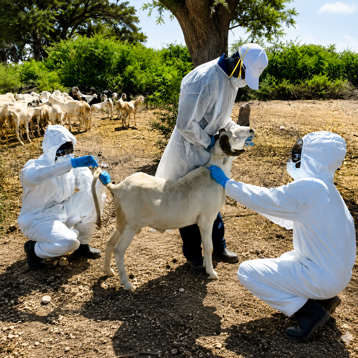 Smallholder Projects Groton CT checking animal disease Three workers in protective suits examine a goat outdoors while a herd stands nearby.