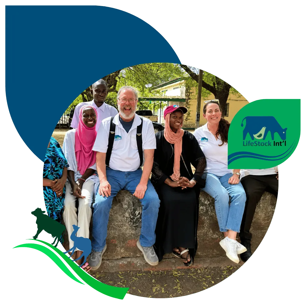 our publications groton ct resources Group of LifeStock Int’l team members sitting together outdoors, framed with blue and green branded graphics.