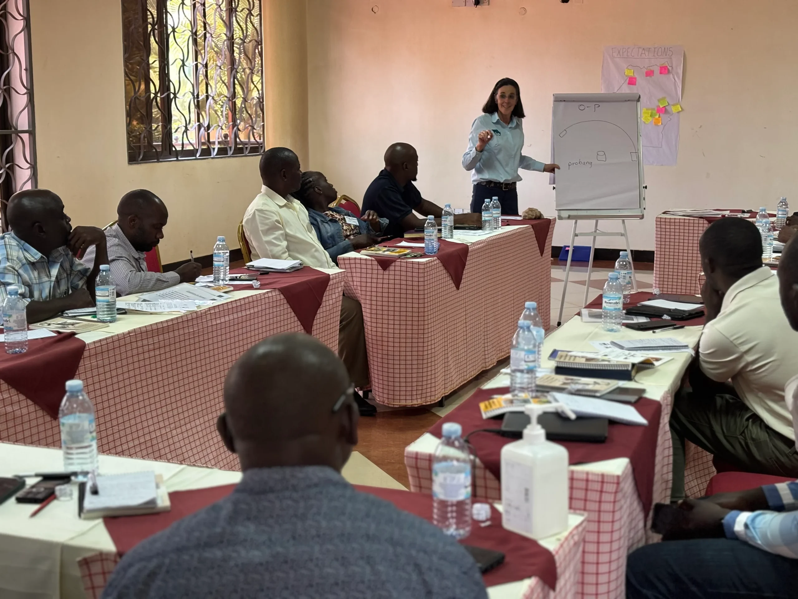 A presenter stands by a flipchart diagram during a workshop while participants seated at tables listen